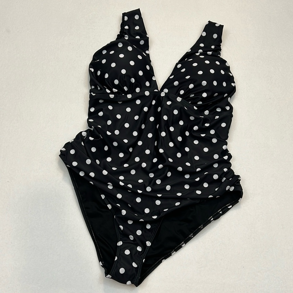 Youdian Black White Polka‎ Dot Tummy Control Ruched Lined Crossover Swimsuit 4X